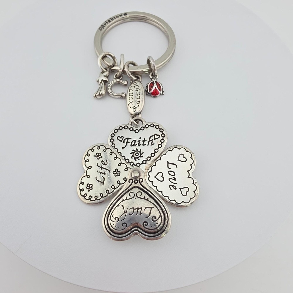 BRIGHTON Lucky Clover Heart Key Chain Fob Key Ring Good Luck Silver Plate